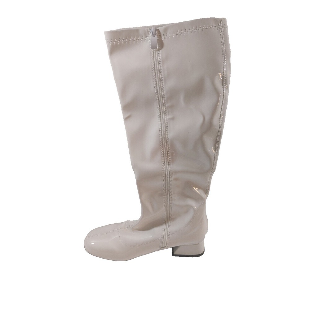 Knee High Boots Women's Size 8.5 White Patent Leather Block Heel Booties Zipper